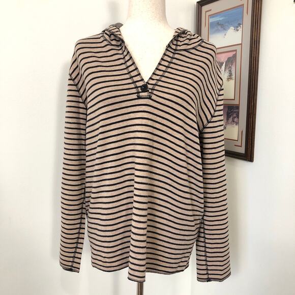 Hot Cotton Striped Hooded Sweatshirt Long Sleeve Soft Neutral Cozy Tan Black L - Picture 1 of 9